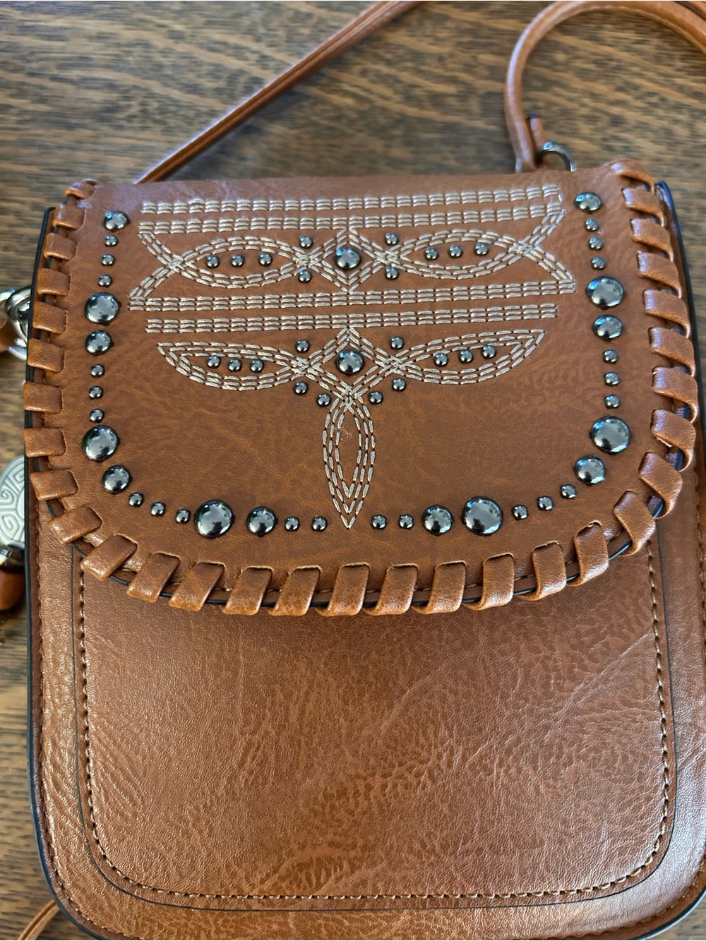 Embellished Tan Leather-Effect Crossbody Bag